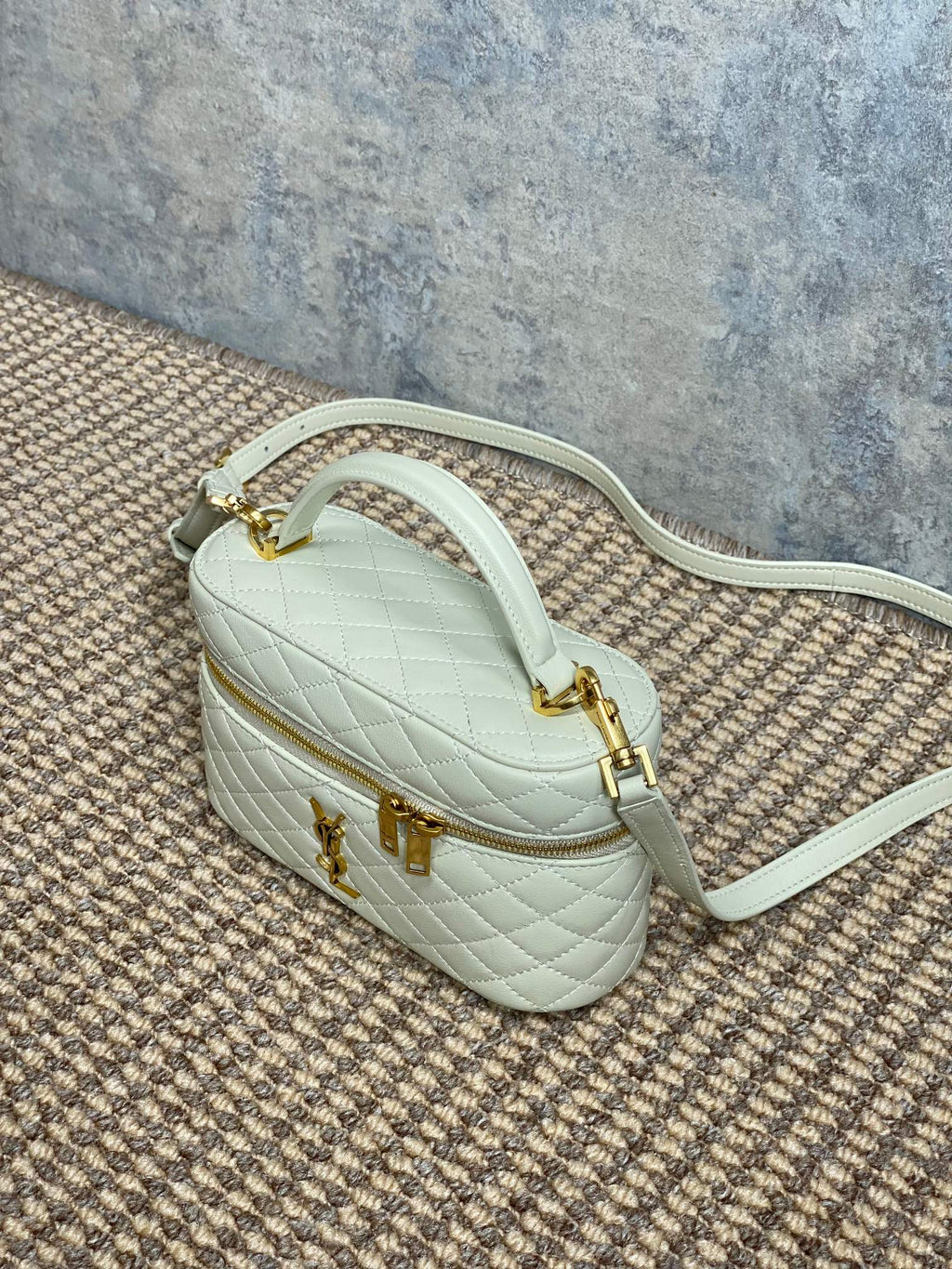 GABY MINI VANITY 18 IN IVORY WHITE LAMBSKIN GOLD HARDWARE