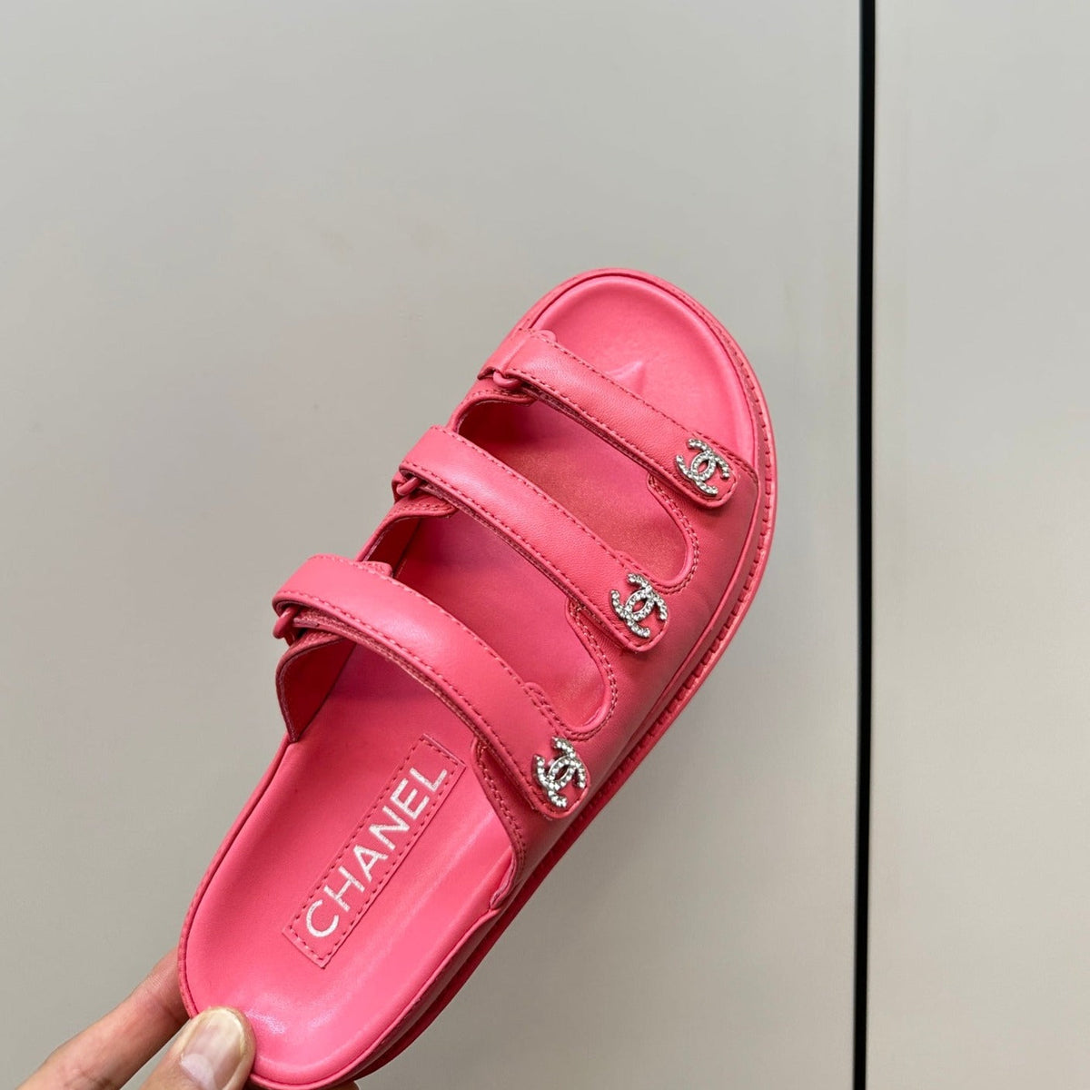 CHANEL dad sandals pink 1 3 rows lambskin mules
