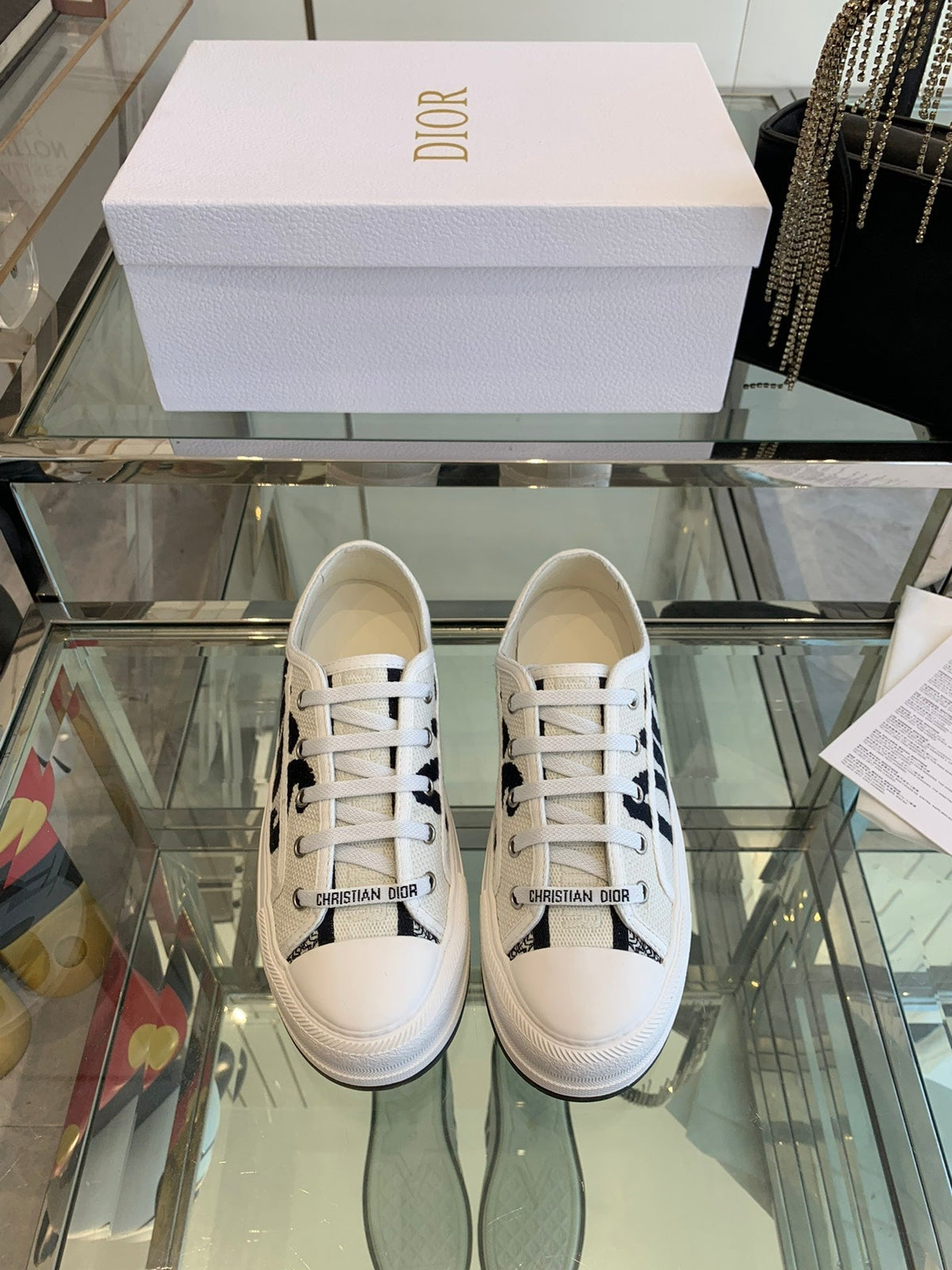 DIOR WALK'N PLATFORM SNEAKER IN WHITE AND BLACK EMBROIDERED COTTON