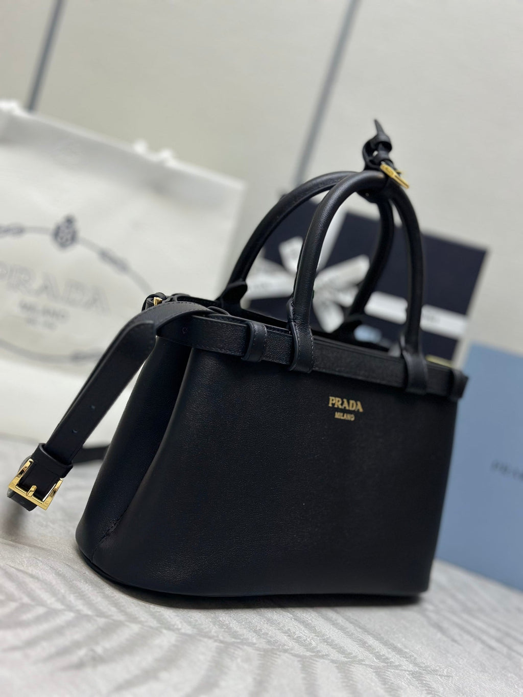 PRADA 25S BUCKLE MEDIUM HANDBAG 28 IN BLACK CALFSKIN GOLD HARDWARE