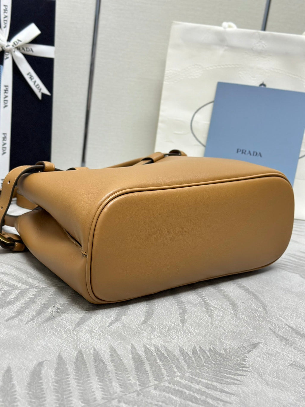 PRADA 25S BUCKLE MEDIUM HANDBAG 28 IN CARAMEL CALFSKIN GOLD HARDWRE