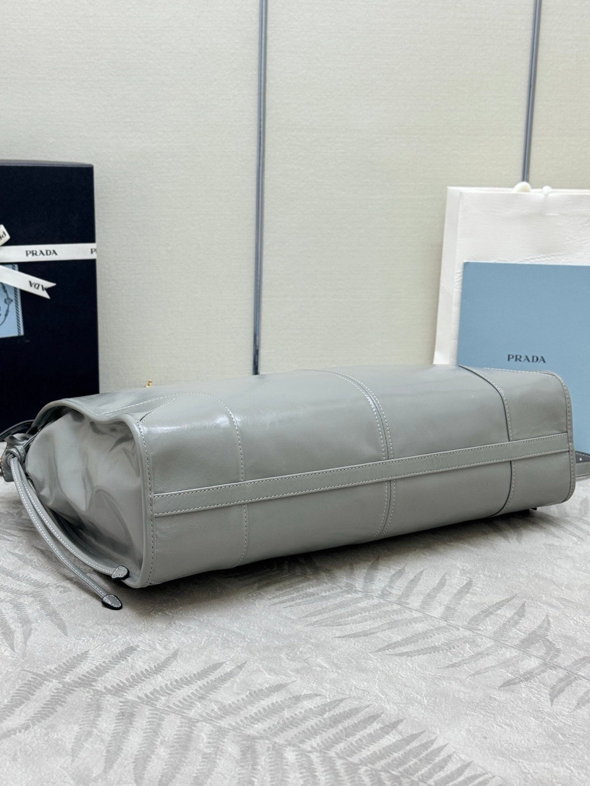 PRADA 25S LUX SOFT BAG 42 IN GRAY GLOSSY CALFSKIN GOLD HARDWARE