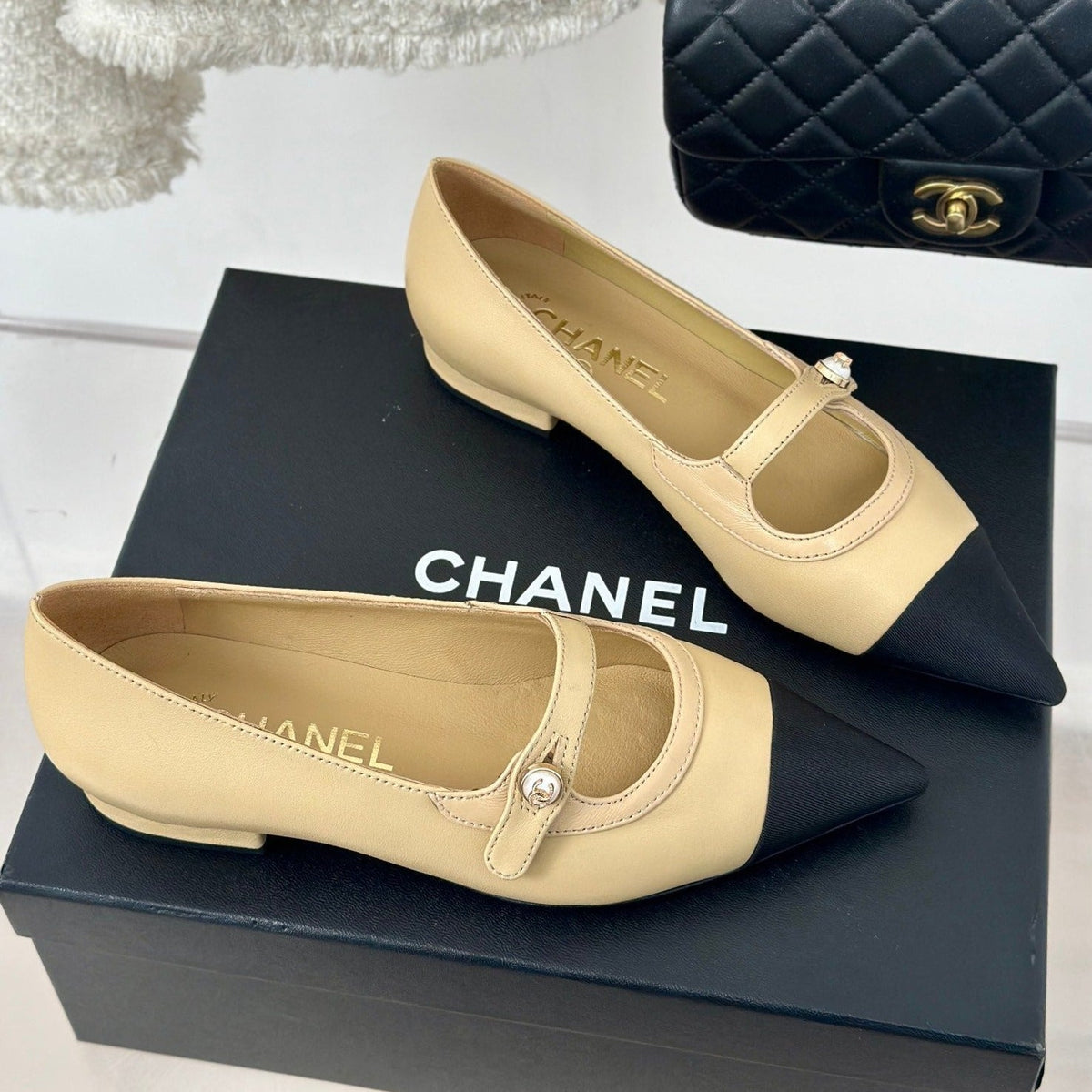 CHANEL Double C Milan Runway Pointed Toe Mary Jane Shoes Dark Cream Black Lambskin
