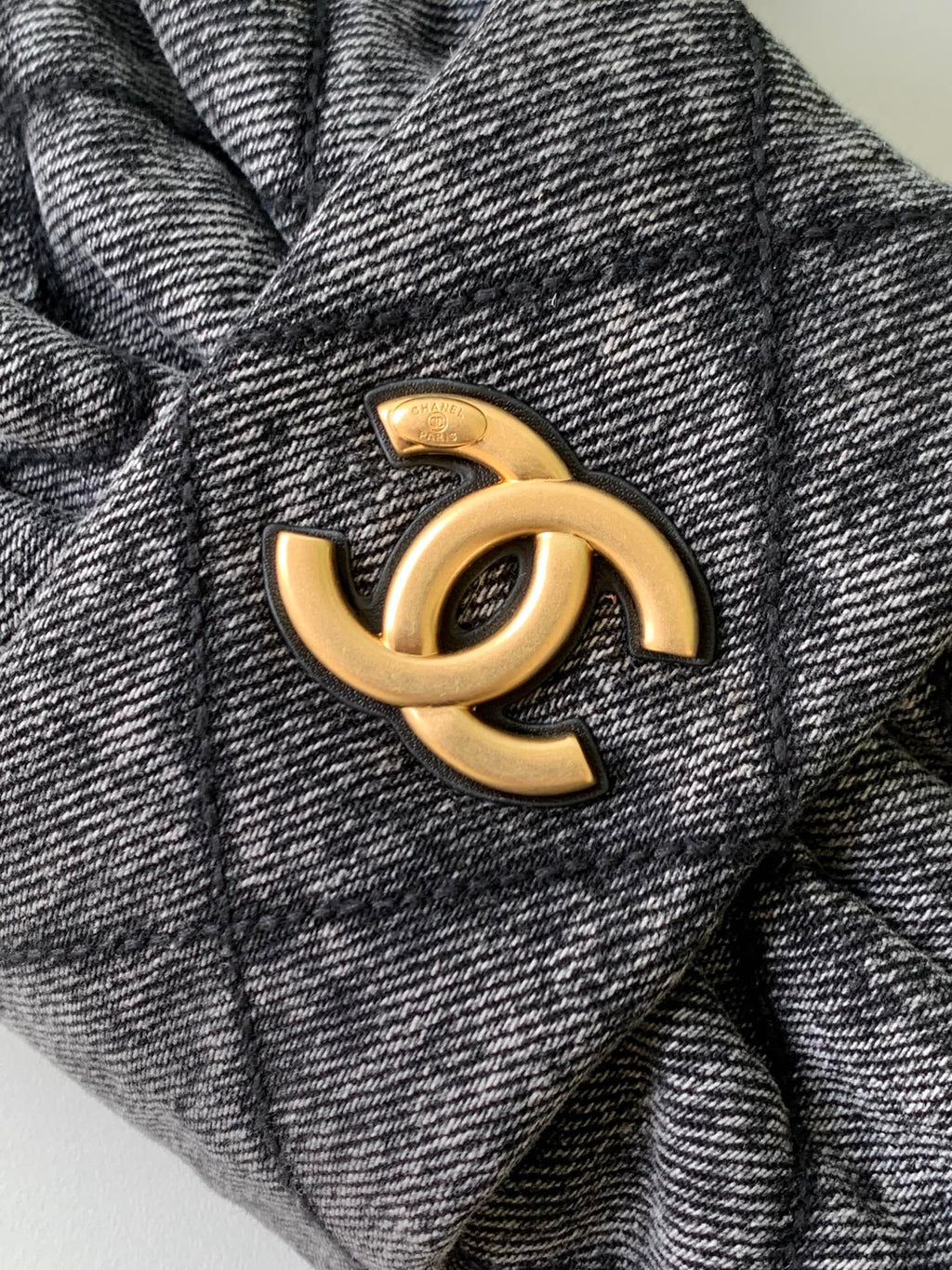 CHANEL 25S MAXI BOW BAG 26 IN DARK GREY DENIM WITH GOLD HARDWARE