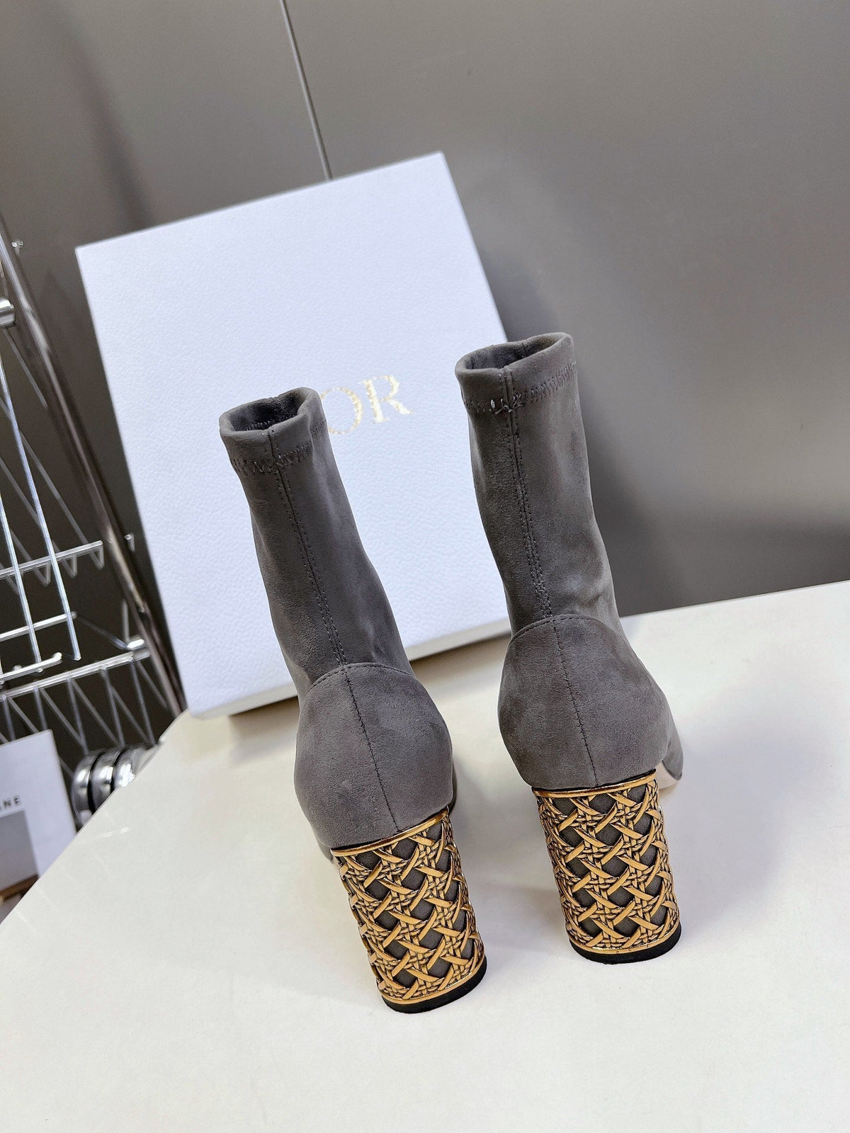 DIOR ICON HEELED ANKLE BOOT DOVE GRAY SUEDE 8 CM WITH GOLD LOGO
