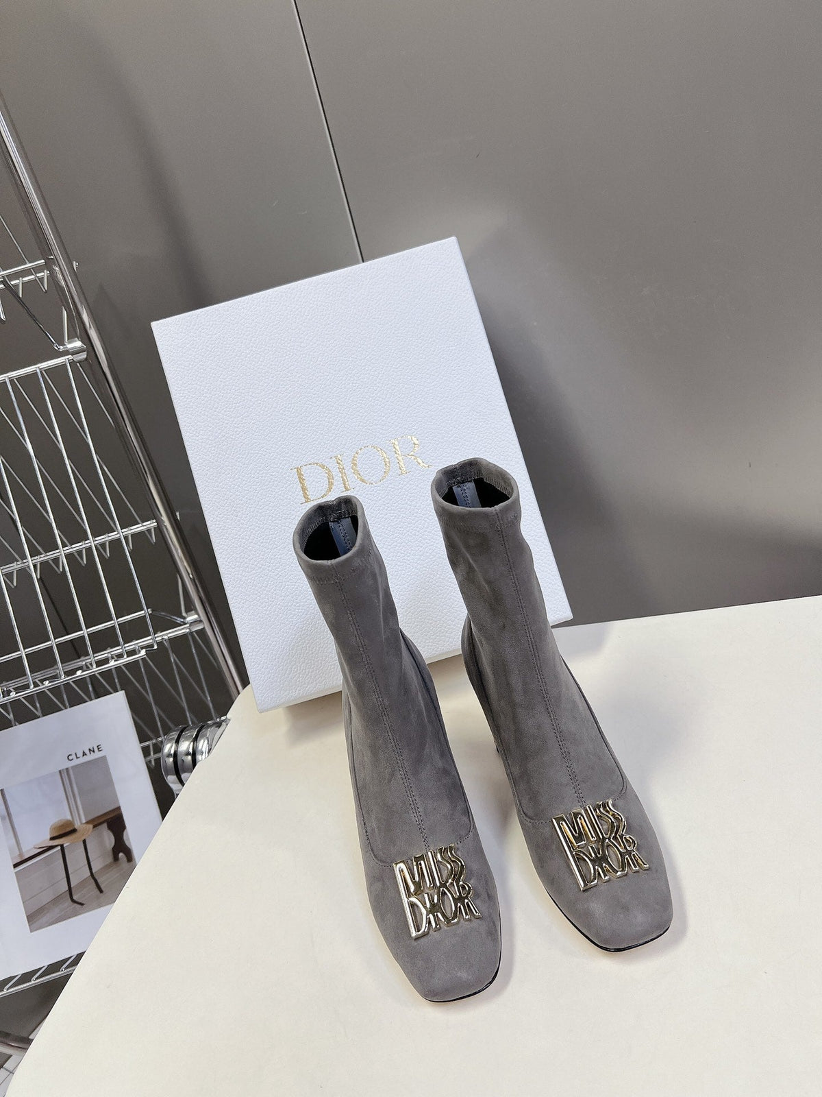 DIOR ICON HEELED ANKLE BOOT DOVE GRAY SUEDE 8 CM WITH GOLD LOGO