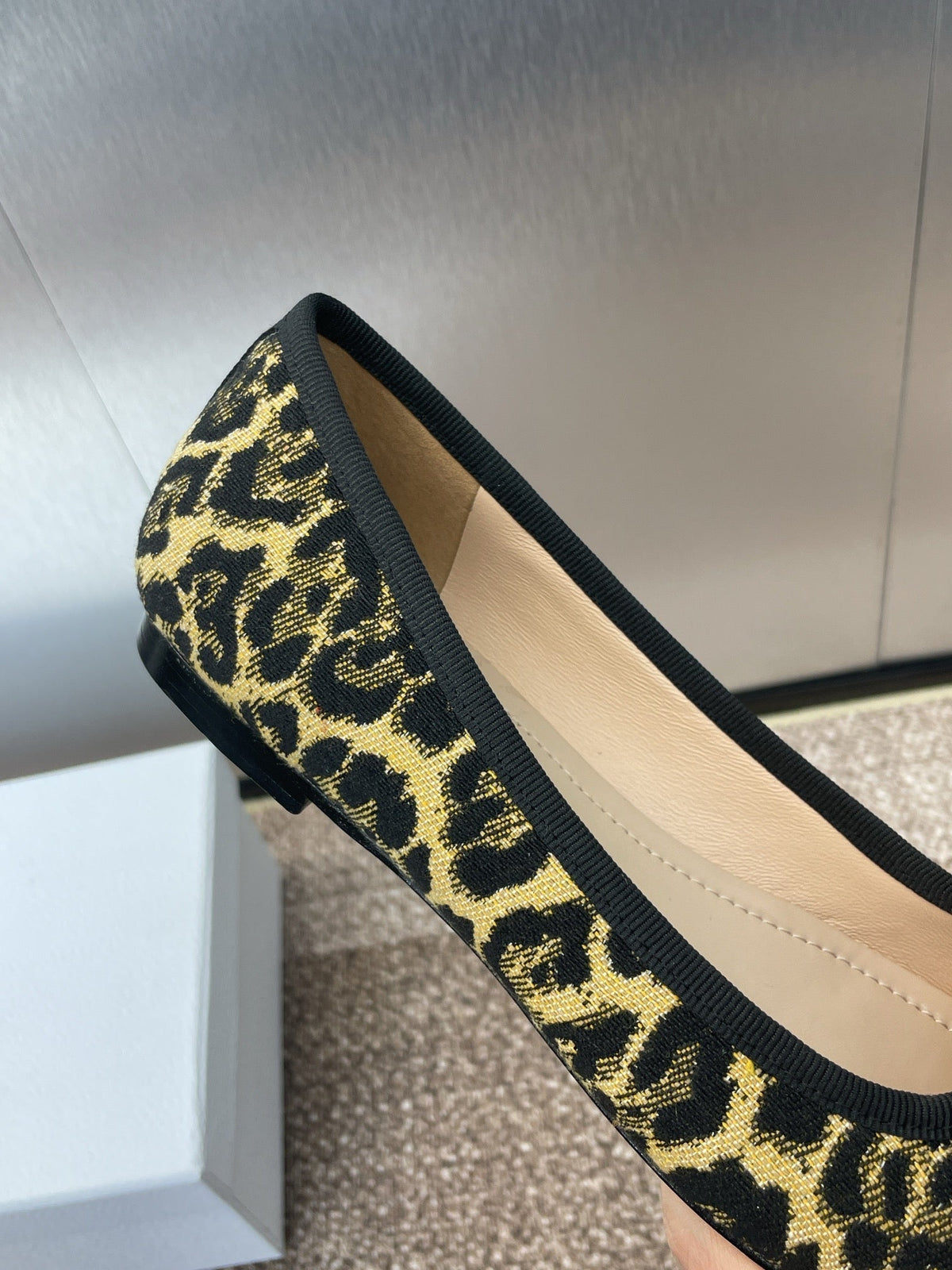 DIOR PEARL BALLET FLAT CAMEL PONY HAIR CALFSKIN WITH BROWN LEOPARD MOTIF