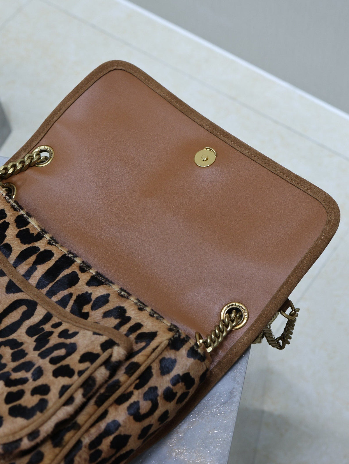 NIKI MEDIUM 28 IN LEOPARD PRINT CALFSKIN AND BROWN SUEDE TRIM