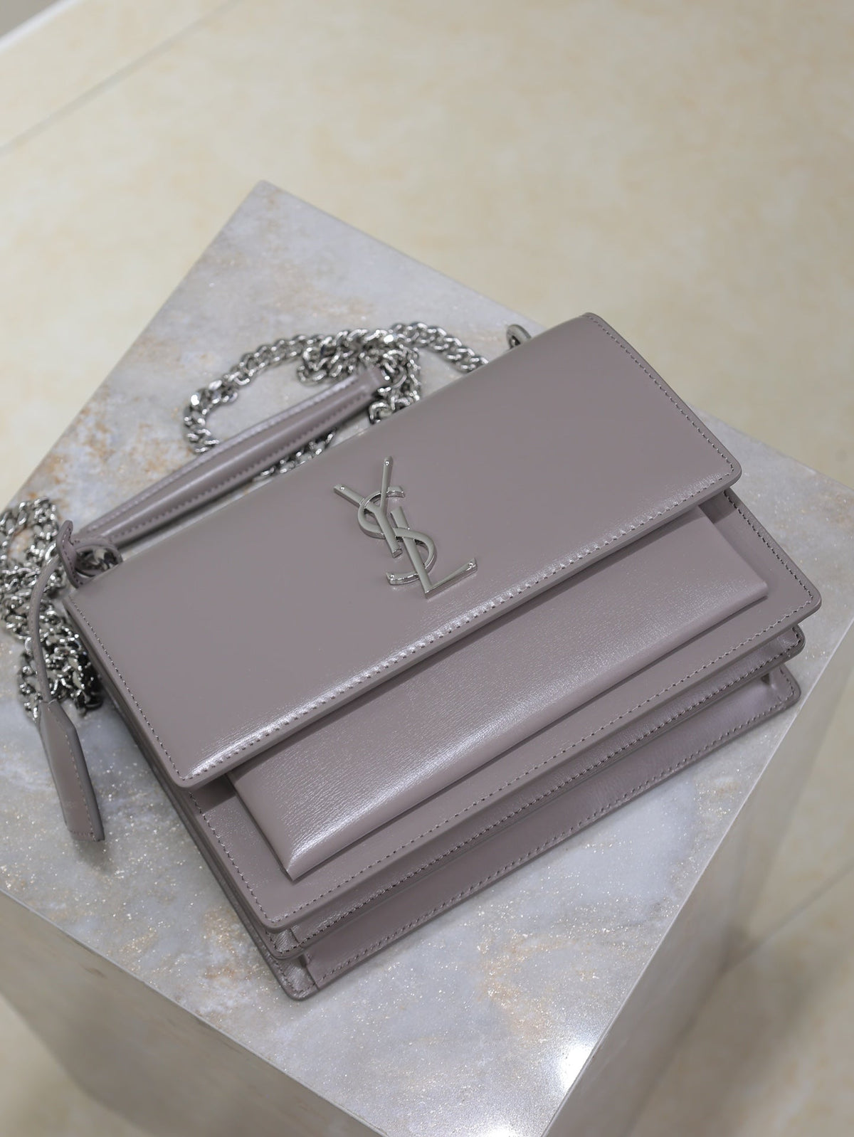 YSL 25S SUNSET BAG 22 IN DARK PURPLE CALFSKIN SILVER HARDWRE