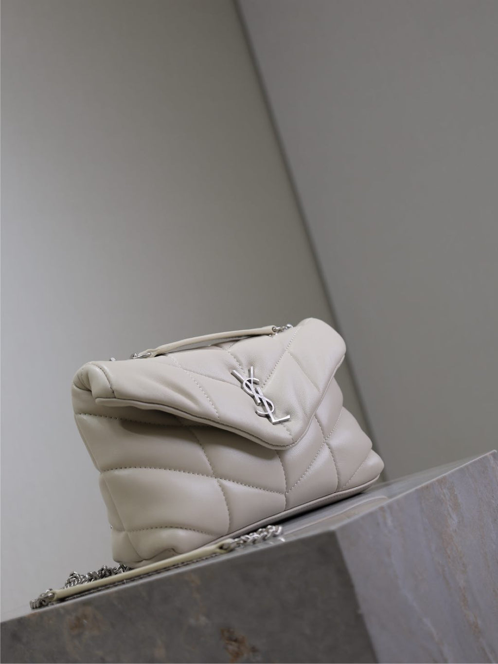 YSL 25S LOULOU PUFFER MINI 23 IN SMOKEY TAUPE CALFSKIN SILVER HARDWARE